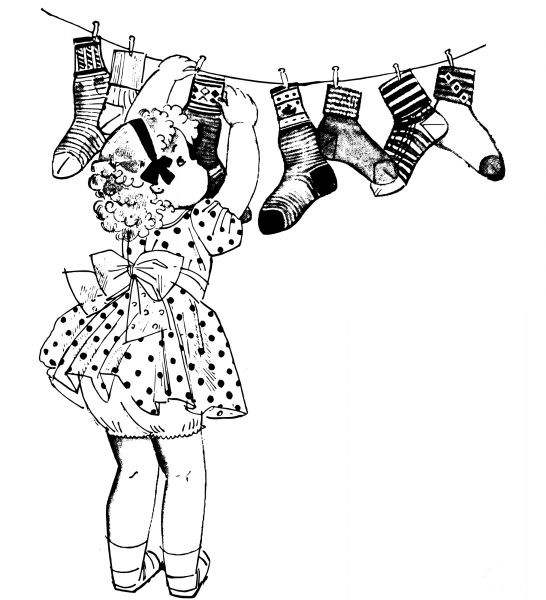 Vintage Little Girl with Laundry Socks coloring page image