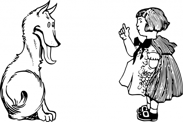 Vintage Little Red Riding Hood and Wolf coloring page image