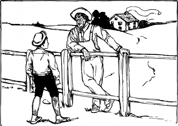 Vintage Man and Boy on a Farm coloring page image