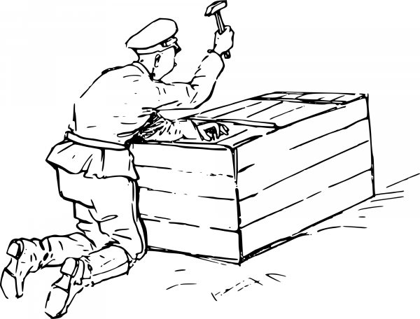 Vintage Man Hammering a Box coloring page image