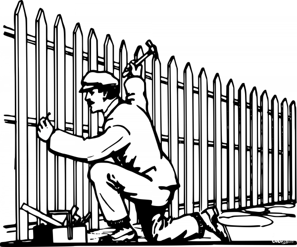 Vintage Man Makes Fence coloring page image