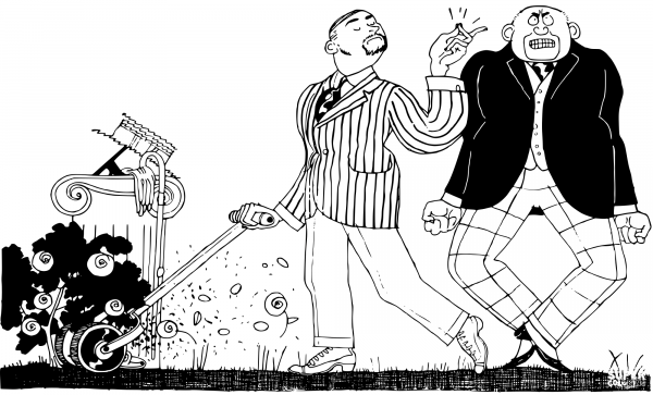 Vintage Man Mows Roses coloring page image