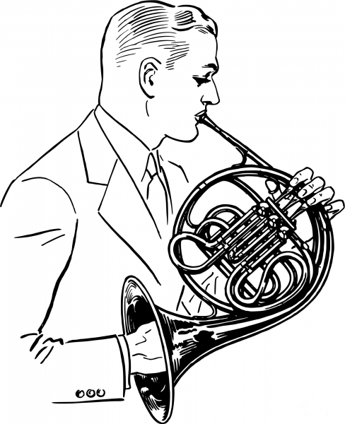Vintage Man Playing the French Horn coloring page image