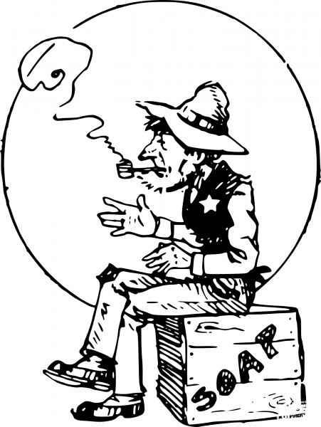 Vintage Man Smokes on a Box coloring page image