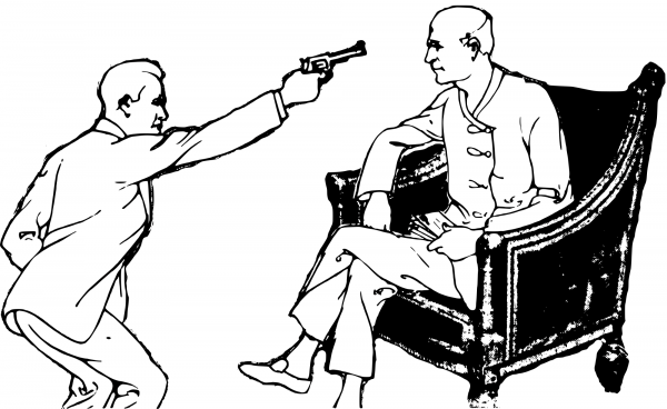Vintage Man with Gun and Man in Chair coloring page image