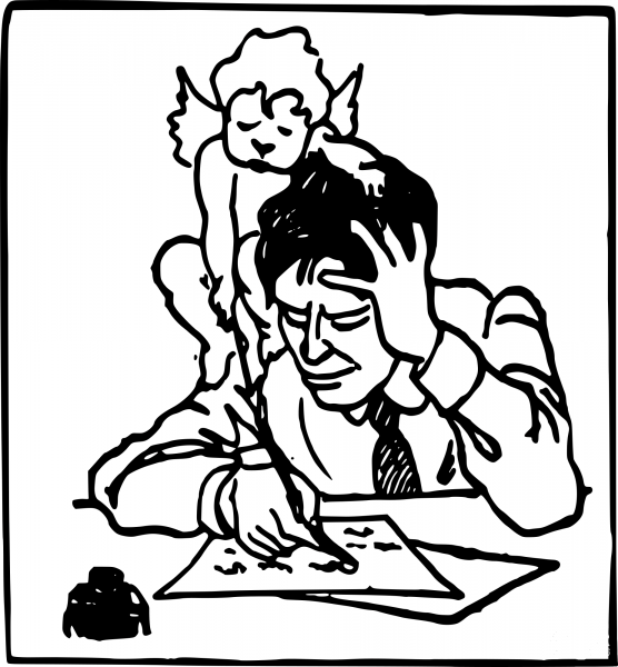 Vintage Man Writing with Cupid coloring page image