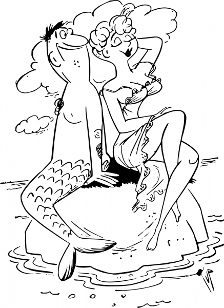 Vintage Merman and Woman coloring page image