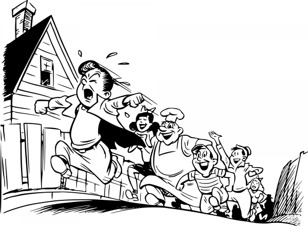 Vintage Mob Chasing Boy coloring page image