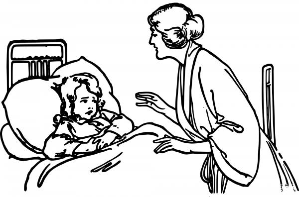 Vintage Mother and a Child in Bed coloring page image
