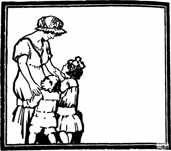 Vintage Mother and Her Kids Frame coloring page image
