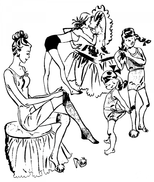Vintage Mother and Her Kids Get Ready coloring page image