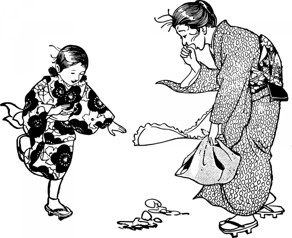 Vintage Mother and Kid and Eggs coloring page image