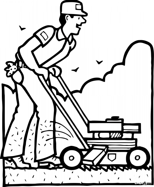 Vintage Mowing the Lawn coloring page image