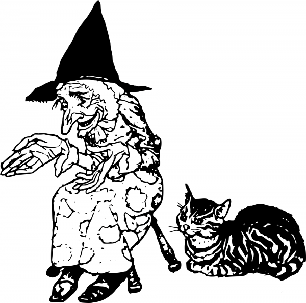 Vintage Old Witch and Her Cat coloring page image
