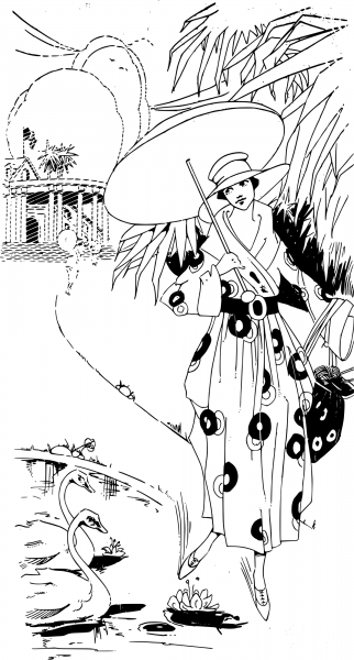 Vintage Parasol and Swans coloring page image