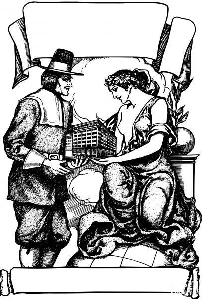 Vintage Pilgrim Gives a Building coloring page image