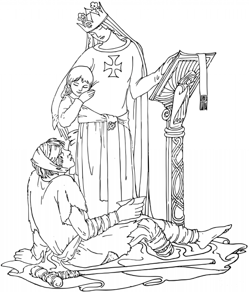 Vintage Queen Hugs the Poor coloring page image