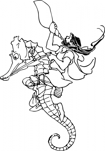 Vintage Riding a Seahorse coloring page image