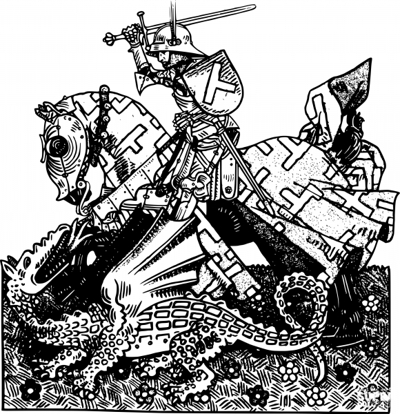 Vintage Saint George and Dragon coloring page image
