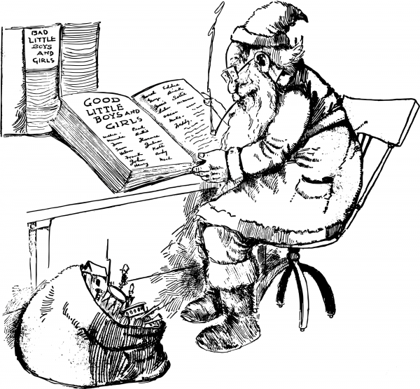 Vintage Santa Checking Good and Bad Children coloring page image