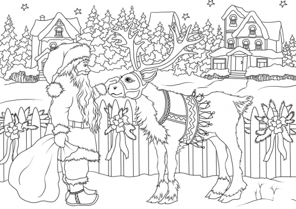 Vintage Santa Claus with His Christmas Deer coloring page image