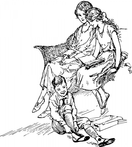 Vintage Sisters Read and Brother Puts on Shoes coloring page image