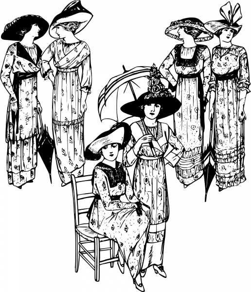 Vintage Six Ladies in Hats coloring page image