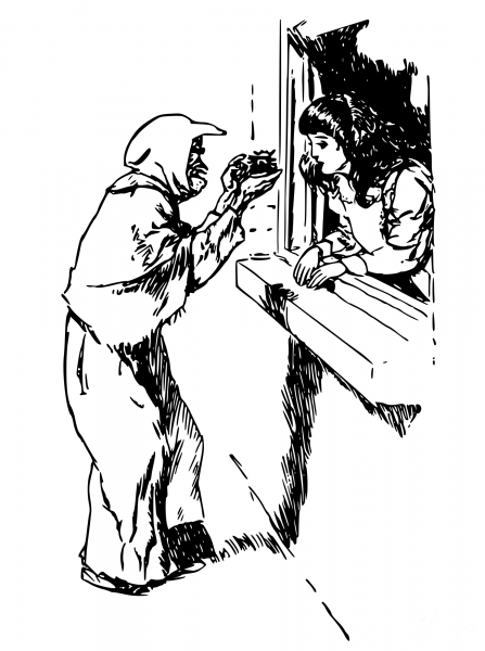 Vintage Snow White and a Witch coloring page image