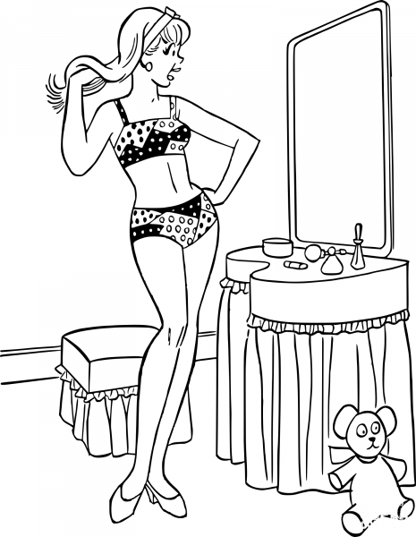 Vintage Swimsuit and Mirror coloring page image