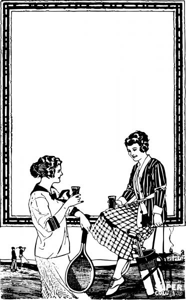 Vintage Tennis Ladies Have a Drink Frame coloring page image