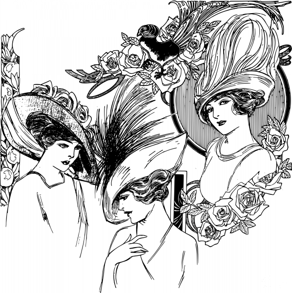 Vintage Three Hat Ladies coloring page image