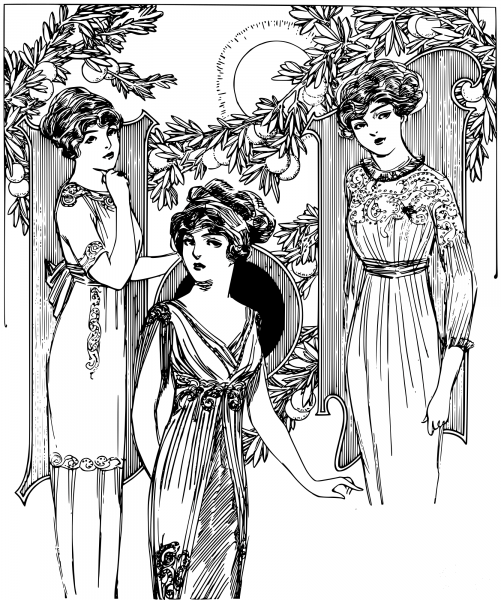 Vintage Three Ladies and Oranges coloring page image