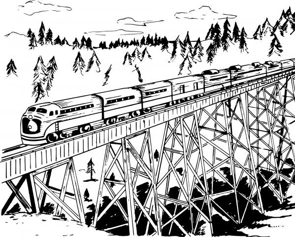 Vintage Train on Trestle coloring page image