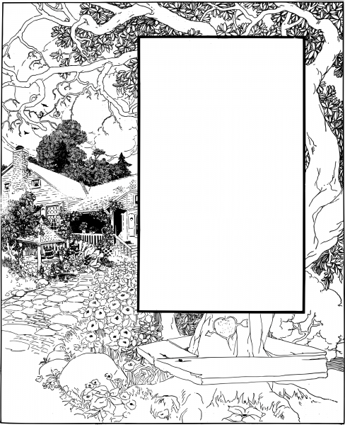 Vintage Tree and a House Frame coloring page image