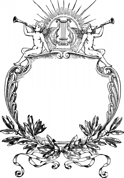 Vintage Trumpet Heralds Frame coloring page image