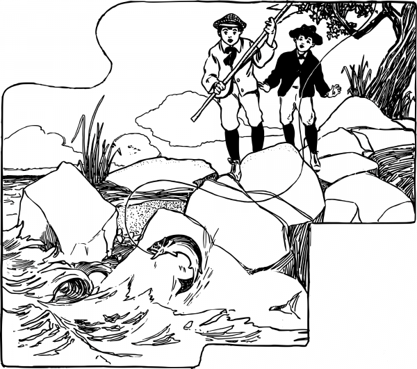 Vintage Two Boys on a Fishing Adventure coloring page image