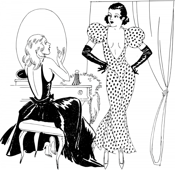 Vintage Two Girls Talk in a Bedroom coloring page image