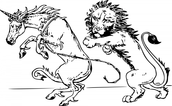 Vintage Unicorn and Lion coloring page image