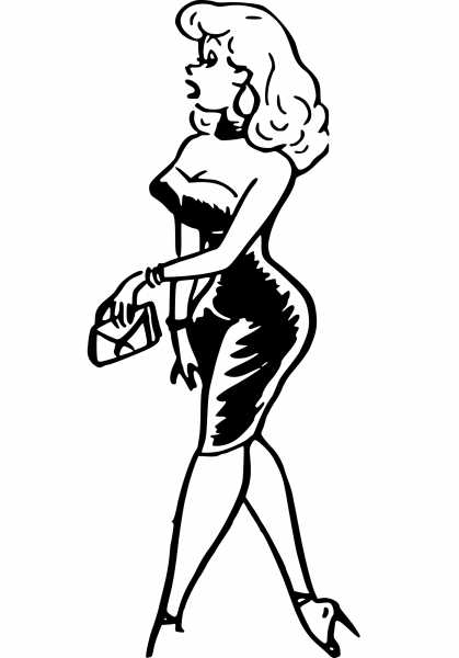 Vintage Walking Woman in Dress coloring page image