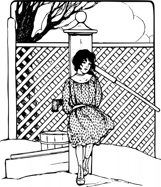 Vintage Whimsical Girl on a Windy Day coloring page image