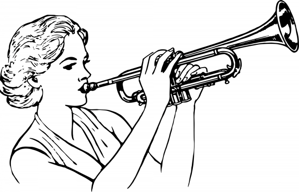 Vintage Woman Playing Trumpet coloring page image