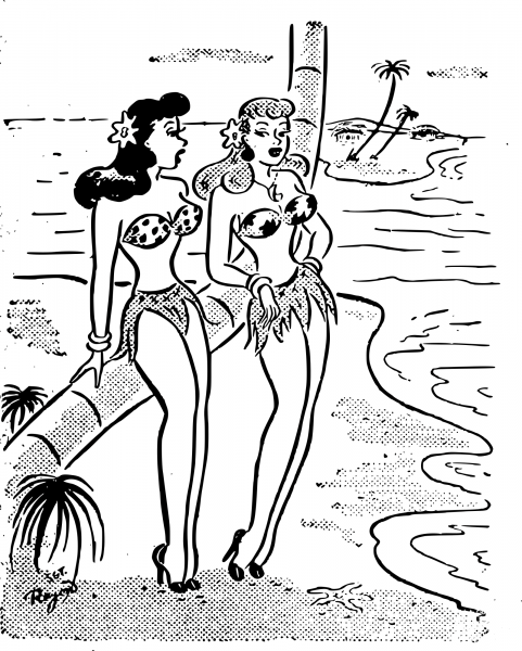 Vintage Women on Tropical Beach coloring page image