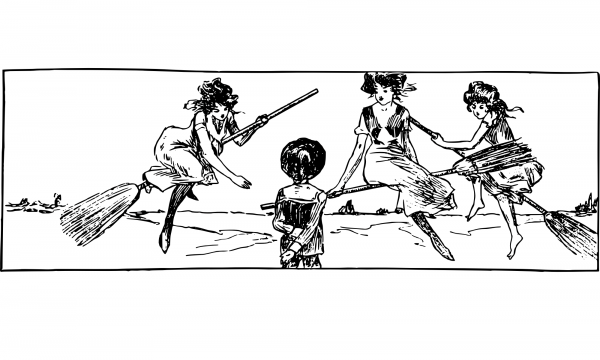 Vintage Yound Witches coloring page image