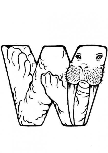 W is for Walrus coloring page image