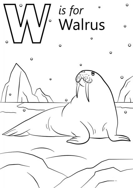 W is for Walrus coloring page image