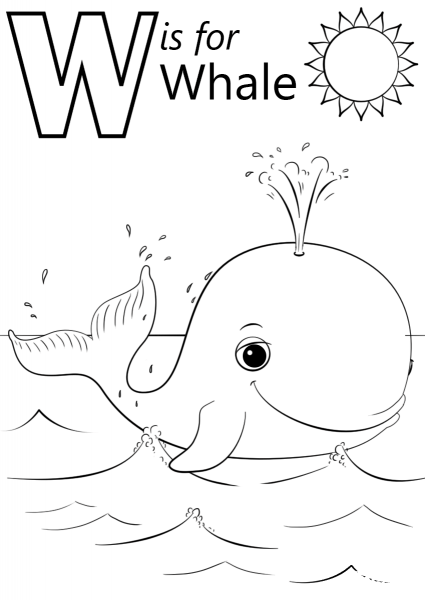 W is for Whale coloring page image