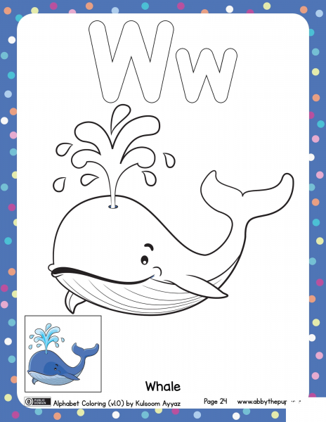 W is for Whale coloring page image
