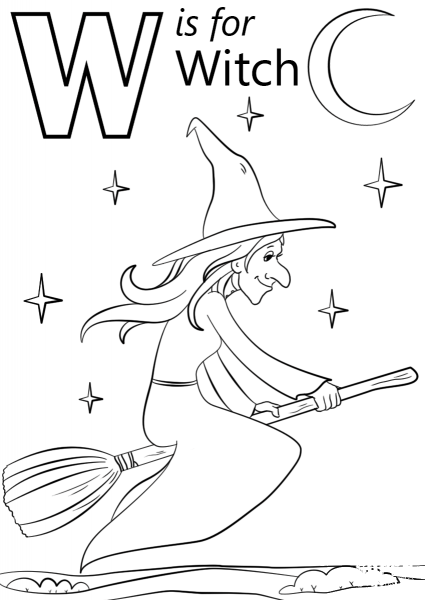 W is for Witch coloring page image