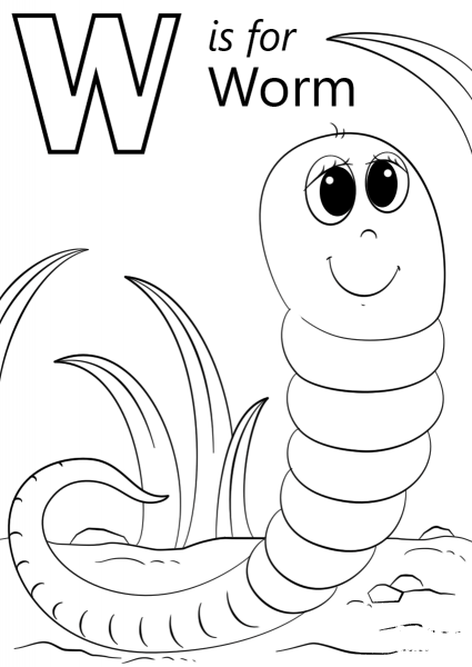 W is for Worm coloring page image