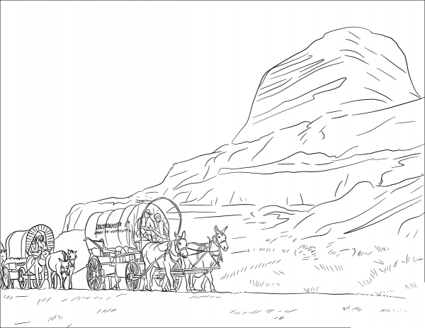 Wagon Train on the Oregon Trail coloring page image